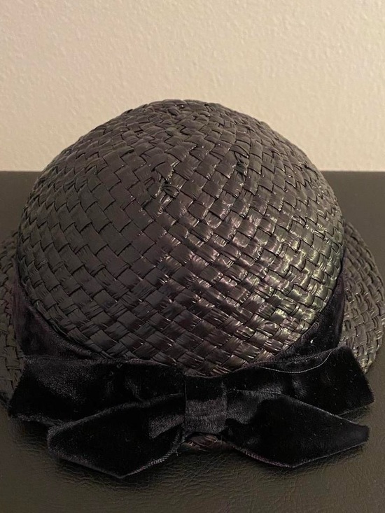 Vintage Black Woven Straw Hat with Velvet Bow main image 4